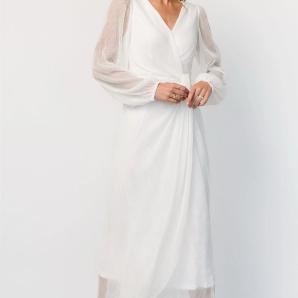 Baltic Born White Maxi Wrap Dress with Sheer Balloon Sleeves